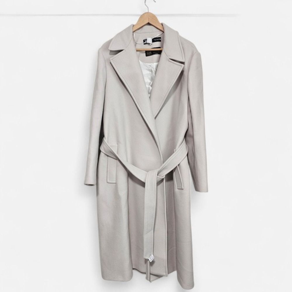Zara Manteco Wool Blend Belted Wrap Coat Ivory Beige Tan XL Long Minimalist ~